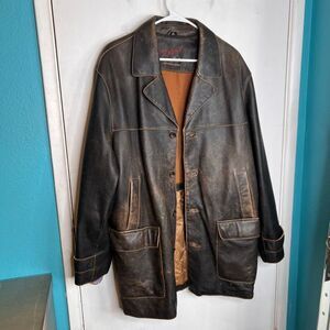 vintage Rogue by Reilly Olmes dark brown distressed leather car jacket 80’s